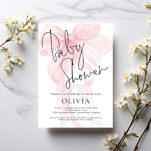 Invitation Modern Script Soft Pink Bow Baby Shower