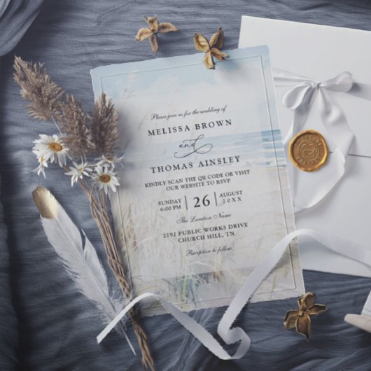 Invitation Modern Seaside Watercolor Beach QR Code Wedding