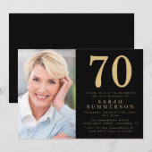 Invitation Modern Seventy Black Gold Photo 70th Birthday (Devant / Derrière)
