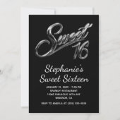Invitation Modern Silver Black Chrome Sweet 16 (Devant)