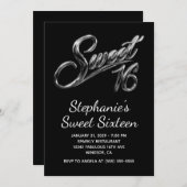 Invitation Modern Silver Black Chrome Sweet 16 (Devant / Derrière)