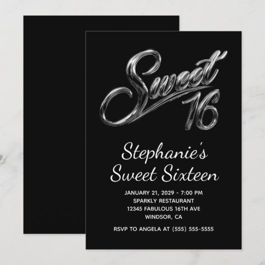 Invitation Modern Silver Black Chrome Sweet 16 (Devant / Derrière)