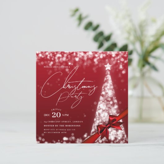 Invitation MODERN Silver Red Winter Christmas Tree Bow Party (Debout devant)