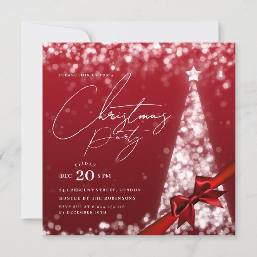 Invitation MODERN Silver Red Winter Christmas Tree Bow Party (Devant)