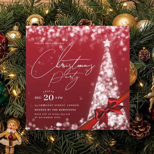 Invitation MODERN Silver Red Winter Christmas Tree Bow Party