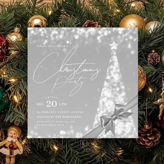 Invitation MODERN Silver Winter Christmas Tree Bow Party