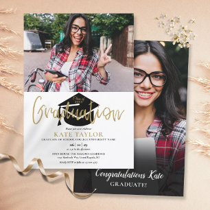 Invitation Modern Simple 2 Photo Gold Script Graduation Party