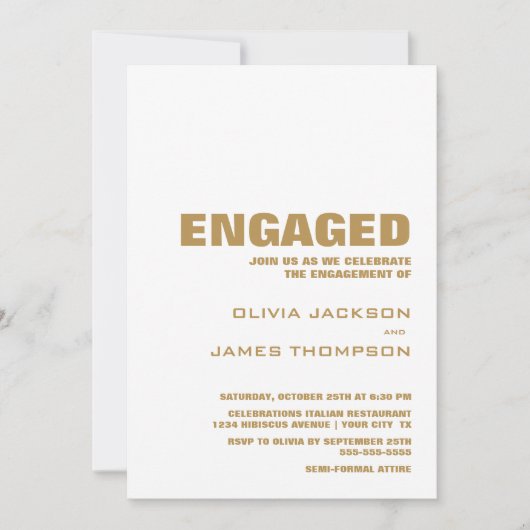 Invitation Modern Simple Gold and White Engagement Party (Devant)