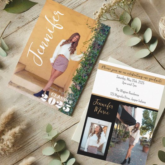 Invitation Modern Simple Graduate Photo Nom Black Gold