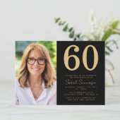 Invitation Modern Sixtieth Black Gold Photo 60th Birthday (Debout devant)