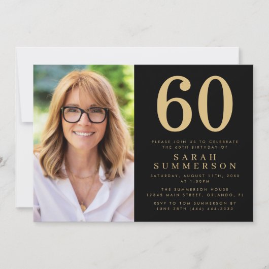 Invitation Modern Sixty Black Gold Photo 60th Birthday (Devant)