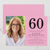 Invitation Modern Sixty Pink Black Photo 60th Birthday Party (Devant / Derrière)