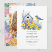 Invitation Modern Spring Floral Wedding Photo and QR Code (Devant / Derrière)
