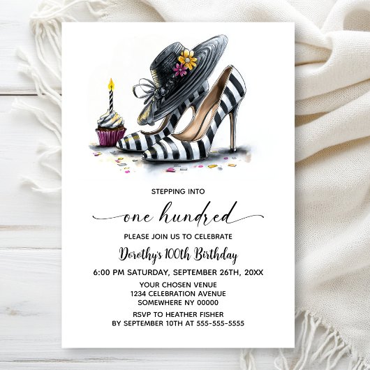 Invitation Modern Striped High Heel Shoes 100th Birthday