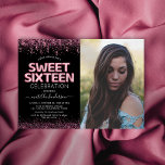 Invitation Modern Sweet 16 Anniversaire Photo<br><div class="desc">Invitations modernes de 16ème anniversaire avec un arrière - plan noir élégant,  une photo pour vous de customiser avec votre propre,  parties scintillant rose et confetti,  ballons d'hélium rose sweet sixteen,  et un modèle de célébration de 16ème anniversaire facile à personnaliser.</div>