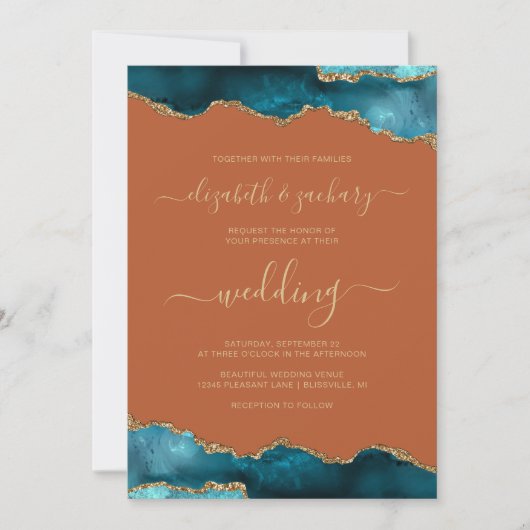 Invitation Modern Teal Gold Agate Script Burnt Orange Wedding (Devant)