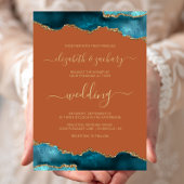 Invitation Modern Teal Gold Agate Script Burnt Orange Wedding