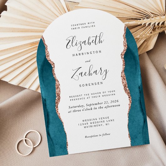 Invitation Modern Teal Rose Gold Agate Arch Wedding