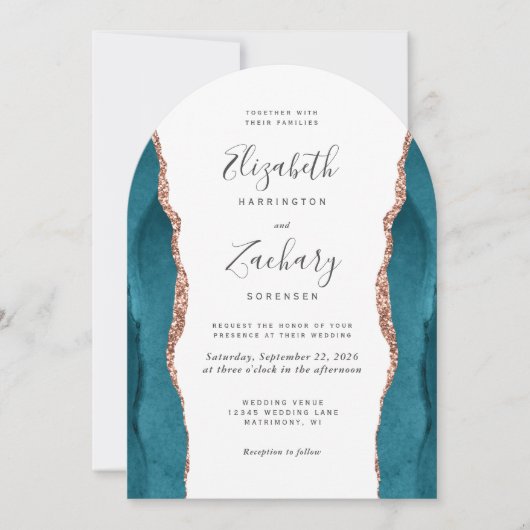 Invitation Modern Teal Rose Gold Agate Arch Wedding (Devant)