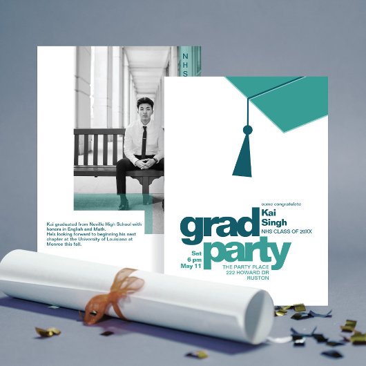 Invitation Modern Teal Typography & Tassel Grad Party Photo