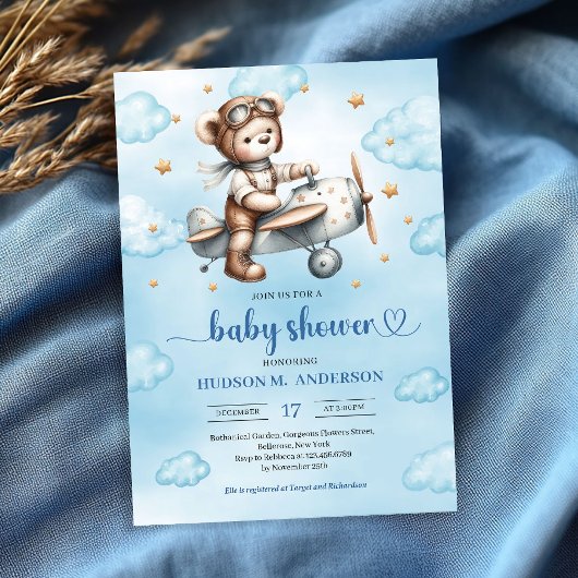 Invitation Modern Teddy Bear Pilot Blue Brown Boy Shower