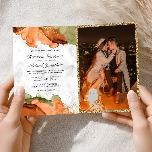 Invitation Modern Terracotta Abstract Ink QR Code Wedding