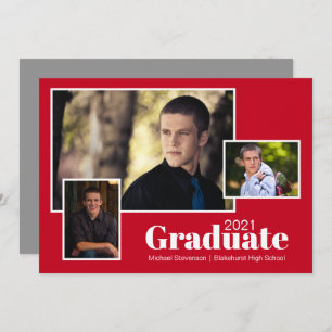 Invitation Modern Trois Photo Grey et Red Graduation Party