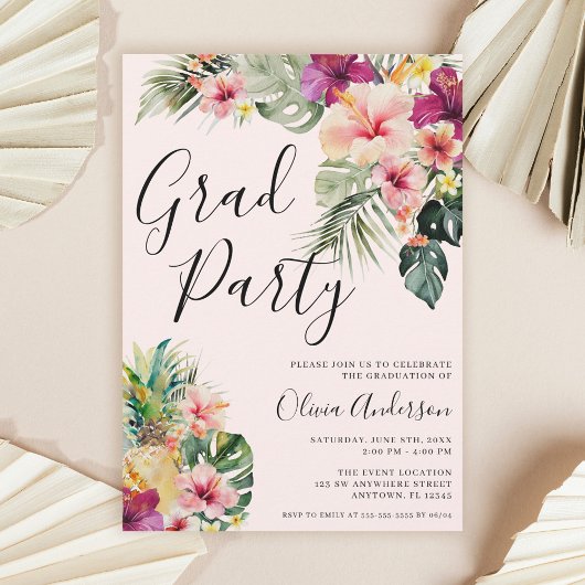 Invitation Modern Tropical Floral Pink Graduation Party