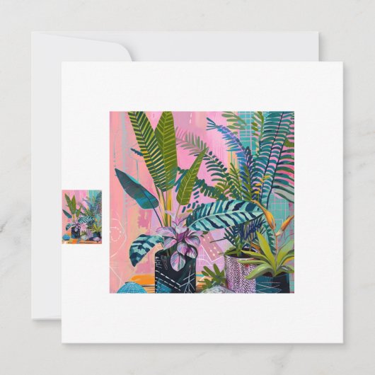 Invitation Modern Tropical Plant Print – Pink and Green  (Devant)