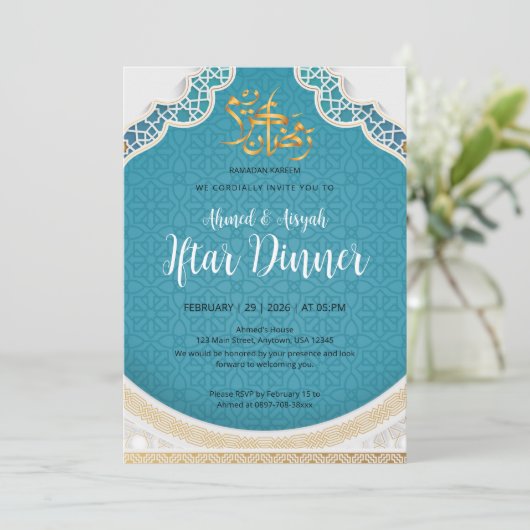 Invitation Modern Turquoise Geometric Islamic Iftar (Debout devant)