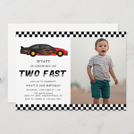 Invitation Modern Two Fast Racecar Boy 2e anniversaire (Devant / Derrière)