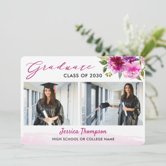 Invitation Modern Two Photo Collage Floral Graduation Party (Debout devant)