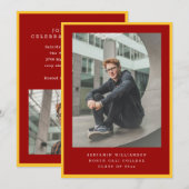 Invitation Modern Two Photo Red and Yellow Graduation Party (Devant / Derrière)