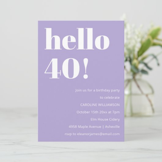 Invitation Modern Typography Lavender 40th Birthday Party (Debout devant)
