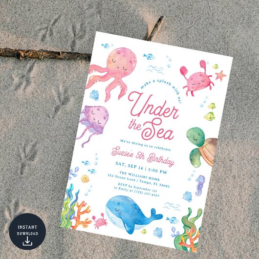 Invitation Modern Under the Sea Kids 5th Birthday Party Invit
