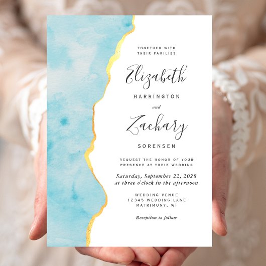 Invitation Modern Watercolor Aqua Blue Agate Wedding
