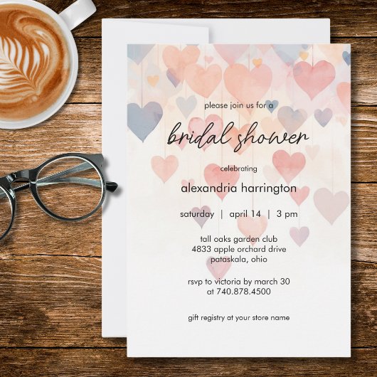 Invitation Modern Watercolor Hearts Bridal Shower