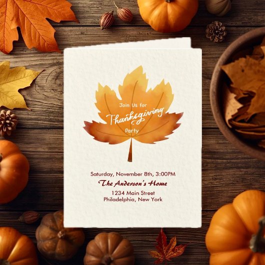 Invitation Modern Watercolor Maple Thanksgiving Party Folded
