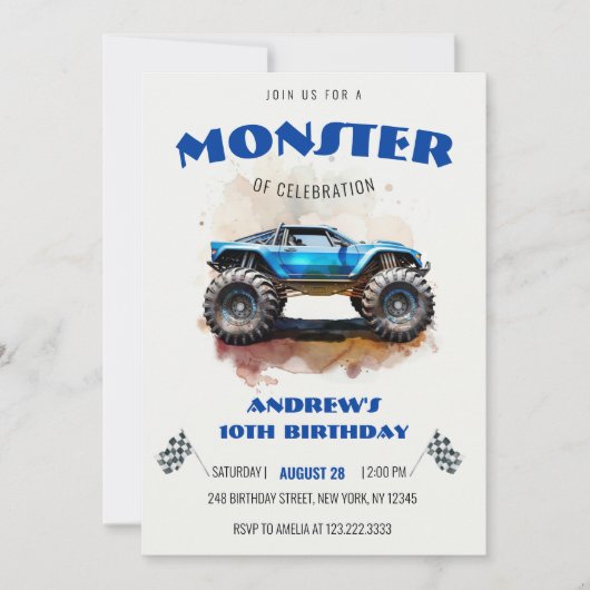 Invitation Modern Watercolor Monster Truck Blue Boy Birthday  (Devant)