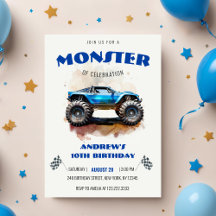 Modern Watercolor Monster Truck Blue Boy Birthday 
