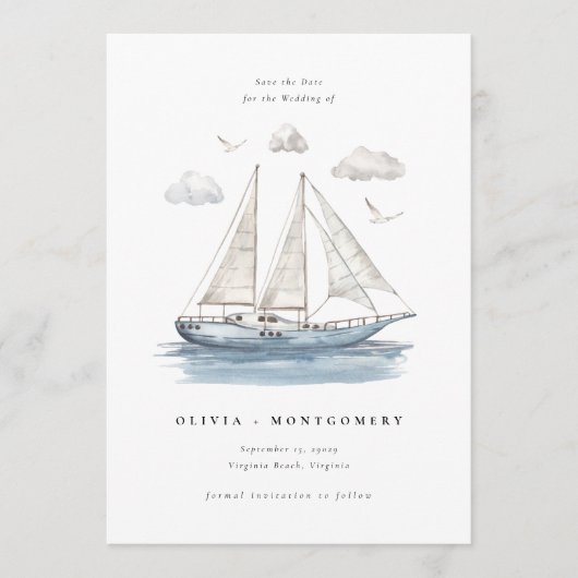 Invitation Modern Watercolor Sailing Yacht Save the Date (Devant)