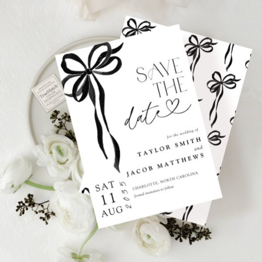 Invitation Modern Whimsical Black Bow Script Save the Date