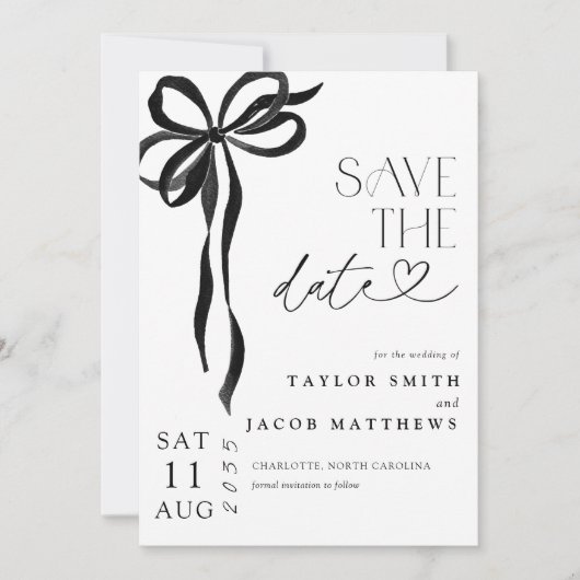 Invitation Modern Whimsical Black Bow Script Save the Date (Devant)