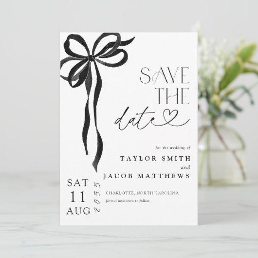 Invitation Modern Whimsical Black Bow Script Save the Date (Debout devant)