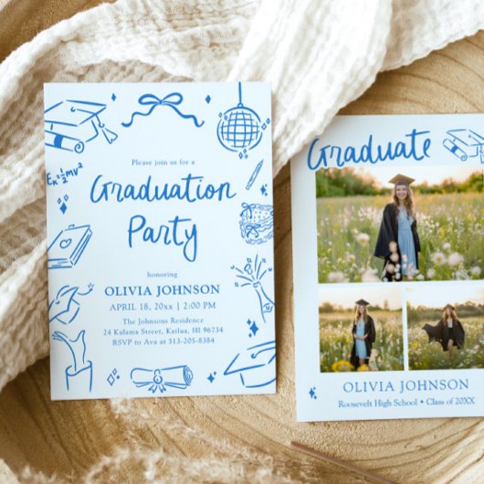 Invitation Modern Whimsical Hand Drawn Blue Graduation Party