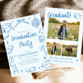 Invitation Modern Whimsical Hand Drawn Blue Graduation Party