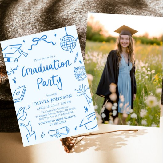Invitation Modern Whimsical Hand Drawn Blue Graduation Party