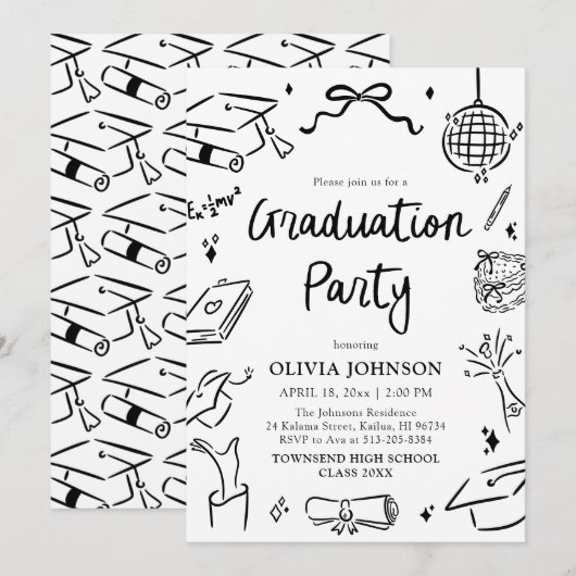 Invitation Modern Whimsical Hand Drawn Bow Graduation Party (Devant / Derrière)