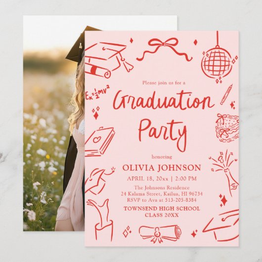 Invitation Modern Whimsical Hand Drawn Bow Graduation Party (Devant / Derrière)