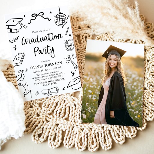 Invitation Modern Whimsical Hand Drawn Bow Graduation Party